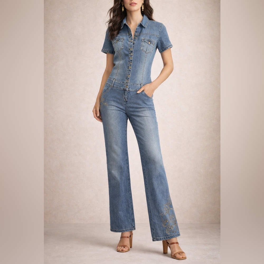 NWT Y2K Denim Jumpsuit Gold Embroidered Floral Boho XS/S Statement